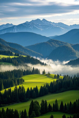 Natural scenery of mountain forests and grasslandsの素材