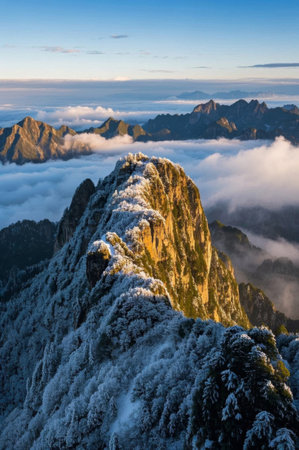 Magnificent natural scenery of snow-capped mountains and sea of cloudsの素材