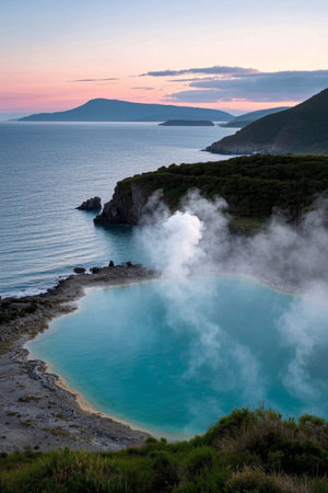 Blue-green hot spring natural scenery by the seaの素材