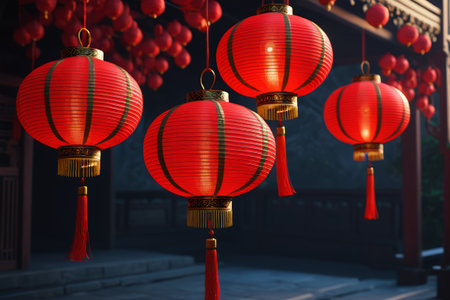 Red lanterns hung in front of Chinese buildingsの素材