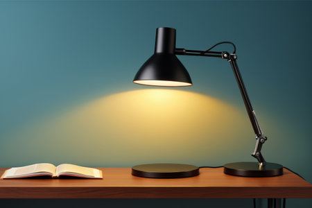 Books turned over on a wooden table under a table lampの素材