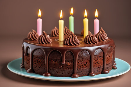 Chocolate birthday cake with colorful candlesの素材