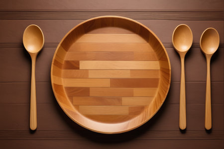 Wooden dinner plate and wooden spoon combination still lifeの素材