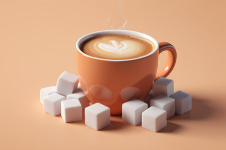 Orange cup latte art coffee with sugar cubesの素材