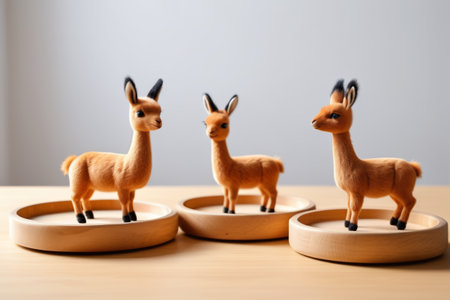 Three alpaca ornaments on a wooden plateの素材