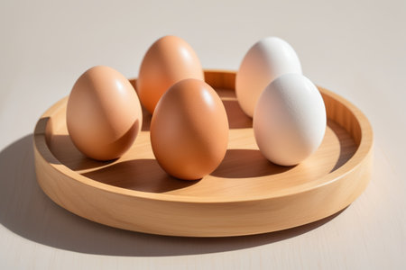 Brown and white eggs on a wooden plateの素材