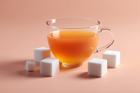 Transparent cup tea with sugar cube still lifeの素材