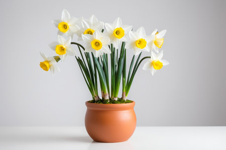 White daffodils blooming in a pottery basinの素材