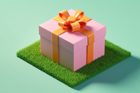 Pink gift box on the grassの素材
