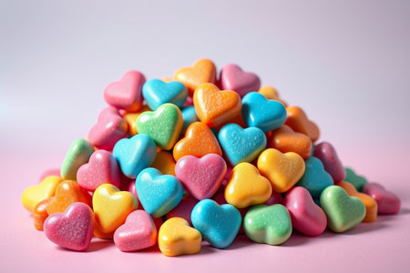 Close up of colorful heart shaped candy stacksの素材