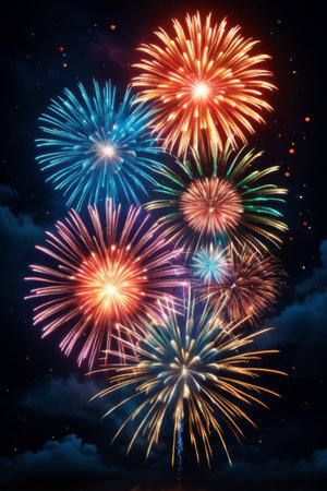 Colorful fireworks blooming in the night skyの素材