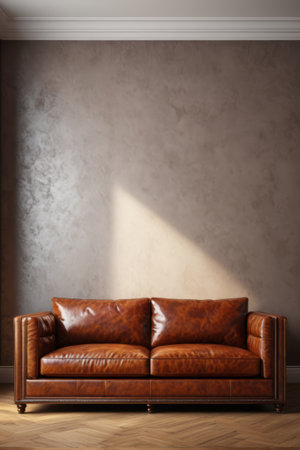 Indoor brown leather sofa sceneの素材