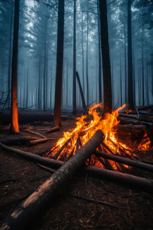 Bonfires burning in the forestの素材