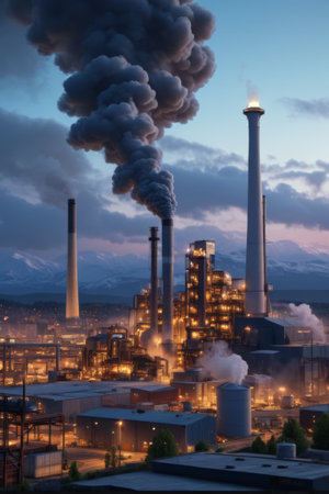 Large industrial plants smoking at duskの素材