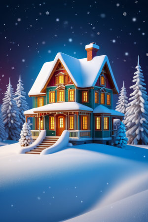 Warm wooden house on a snowy nightの素材