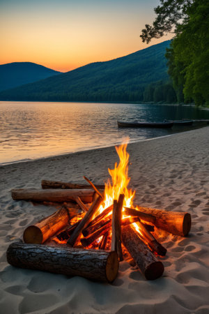 Lake beach bonfire sceneの素材