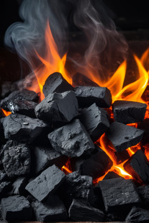 Close-up of burning charcoal fireの素材