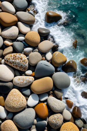 Pebbles of various shapes along the coastの素材