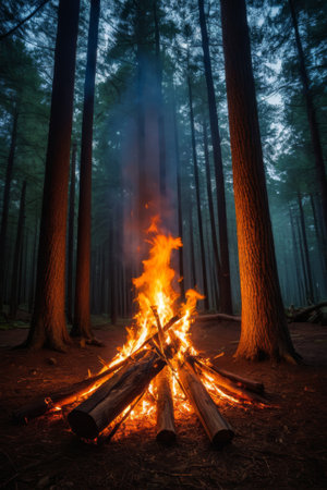 Bonfire scene burning in the forestの素材