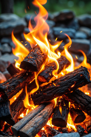 Close-up of a burning campfire outdoorsの素材