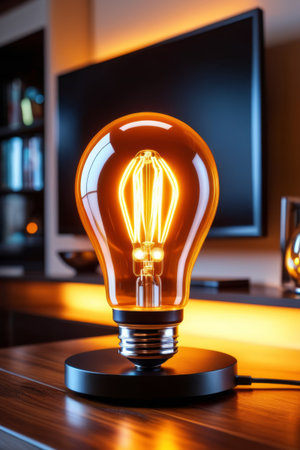 Close-up of a luminous vintage light bulb on the desktopの素材
