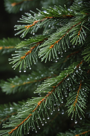 Close-up of a pine branch with water beadsの素材