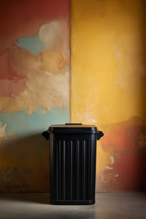 Black trash can in front of a colorful wallの素材