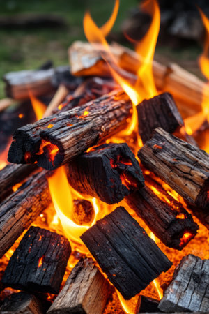 Close-up of a burning campfire outdoorsの素材