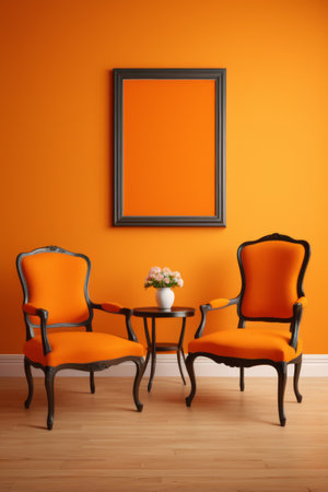 Orange wall with vintage seating interior sceneの素材