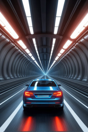 Blue car driving in tunnelの素材