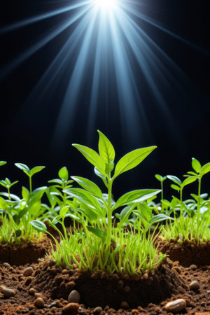Young green plants growing in the sunの素材