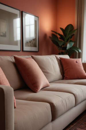 Interior beige sofa with decorative paintingの素材