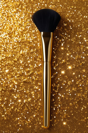 Close up of makeup brush on gold backgroundの素材