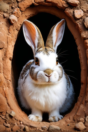 Close-up of the cute rabbit at the entrance of the caveの素材