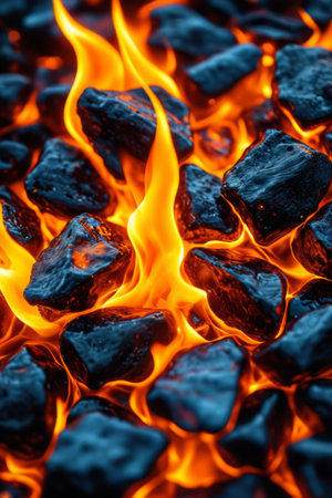 Close-up of burning charcoal flamesの素材