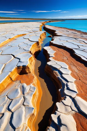 Outdoor cracked land and blue water landscapeの素材