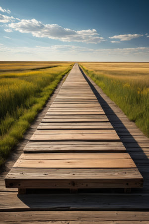 Wooden plank road scenery on the grasslandの素材