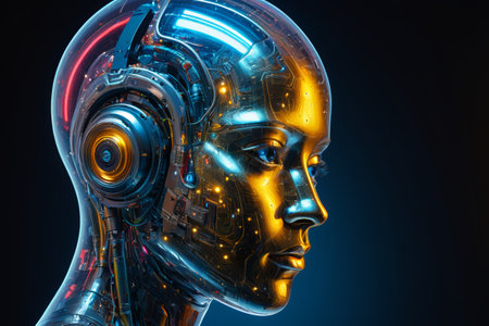 Close up of the head of an AI robotの素材