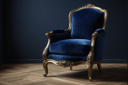 Blue suede gold carved vintage armchairの素材