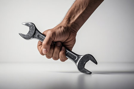 Close up of a man holding a wrenchの素材