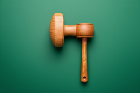 Wooden hammer on green backgroundの素材