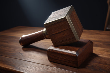 Wooden sledgehammer ornaments on wooden tableの素材