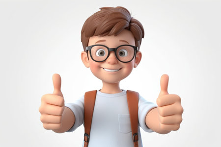 Cartoon boy gives thumbs up for carrying a school bagの素材