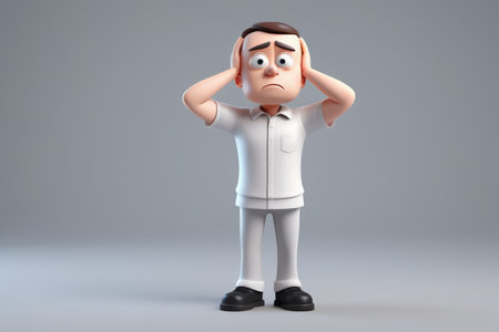 Cartoon man holding his head in his hands in distressの素材