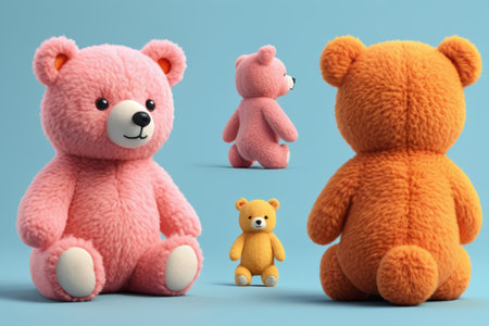 Plush bear toys in different colors on displayの素材
