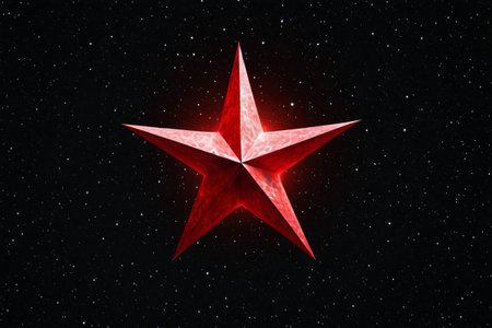 Red pentagram against a starry skyの素材