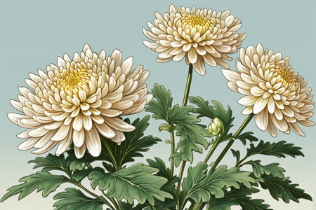 Three blooming pale yellow chrysanthemumsの素材