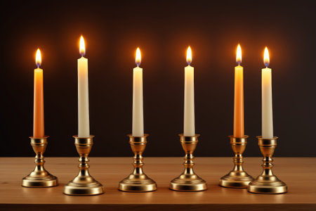 Burning candles are placed on golden candlesticksの素材