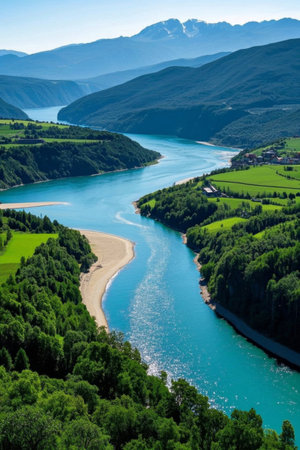 Panoramic view of natural scenery of mountain riversの素材