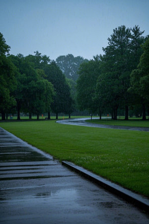 Park grass and trees in the rainの素材